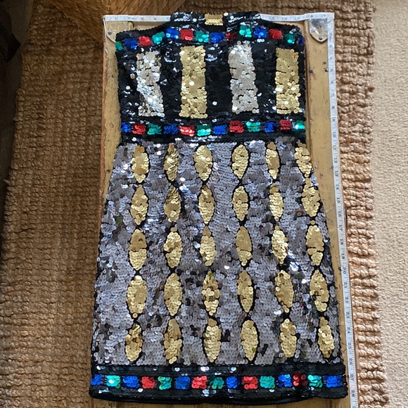 VINTAGE 70S 80S DRESS SEQUIN MINI DRESS HIGH NECK GEOMETRIC SHAPES SMALL - Picture 5 of 16